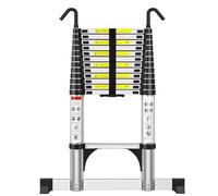 Exleiter Telescoping Ladder 3.8M, Extension Ladder with Hooks and Stabiliser Aluminium Folding Loft Ladder, Adjustable Step, Home Storage, Attic, Maintenance Garden etc, Max Load 150kg/330lb