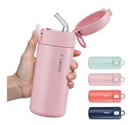 Exllena 300ml Small Water Bottle with One-Touch Soft Straw Lid, Double-Wall Vacuum Insulated Small Flask for Hot&Cold Drinks-Leak-Proof, Mini Water Bottle for Handbag, Yoga, Sport (Pink)