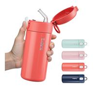 Exllena 300ml Small Water Bottle with One-Touch Soft Straw Lid, Double-Wall Vacuum Insulated Small Flask for Hot&Cold Drinks-Leak-Proof, Mini Water Bottle for Handbag, Yoga, Sport (Coral Red)