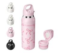 Exllena 650ml/22oz Insulated Water Bottles with One-Touch Flip Lid, Metal Water Bottle with Easy Carry Handle and Quick-Drink Design Ideal for Travel, Driving or Sport... (Pink Bow)