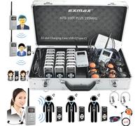 EXMAX ATG-100T PLUS 195MHz Wireless Tour Guide System Audio Transmission for Translation Services in Our Church Court Interpreting City Museum Tour(2 Transmitters 20 Receivers 32slot Charge Case USBC)
