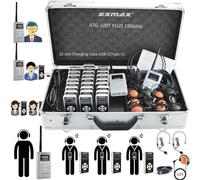 EXMAX ATG-100T PLUS 195MHz Wireless Tour Guide Voice Audio Transmission System for Teaching Tour Guides Conference Travel Museum Hajj(2 Transmitters & 25 Receivers 32-slot Charge Case USB-C)