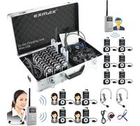 EXMAX ATG-100T PLUS 195MHz Wireless Tour Guide Voice Audio Transmission System for Teaching Tour Guides Conference Church Museum Seminars(2 Transmitters & 20 Receivers 32slot Charge Case USBC)