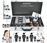 EXMAX ATG-100T PLUS Wireless Tour Guide System 195MHz Microphone Earphone for Church Translation Walking Museum Tour Courtroom Assitive Listening (2 Transmitters &18 Receivers 32slot Charge Case USBC)