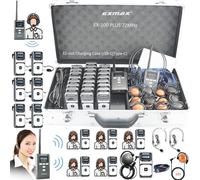 EXMAX EX-100 Plus 72MHz Wireless Tour Guide Monitoring Voice Audio Transmission System for Church hajj Translation Conference Wedding(2 Transmitters & 25 Receivers 32-Slot Charge Case USB-C)