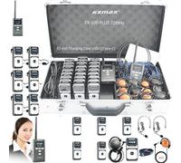 EXMAX EX-100 PLUS 72MHz Wireless Tour Guide Voice Audio Transmission System for Teaching Tour Guides Conference Travel Museum Church Hajj(2 Transmitters & 25 Receivers 32-slot Charge Case USB-C)