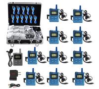 EXMAX® Wireless Tour Guide Monitoring Acoustic Audio Voice Transmission System 470-490mHz 100 Channels for Church,Conference,Traveling(1 Transmitter 10 Receivers with Silver Aluminum Storage Case)