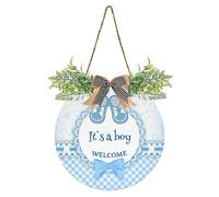 Exnundod It's A Boy Wreath Door Hanger for Front Door with Plaid Bow, Welcome Baby Shower Round Door Sign 12in Wreath Porch Outdoor Decorations Housewarming Gifts