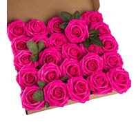Exoment 25pcs Artificial Flower Foam Rose Real Touch Roses Flower Heads with Stem for DIY Wedding Bouquets Centerpieces Arrangements Party Baby Shower Home Decor (Hot Pink)