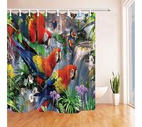 Exotic Birds Parrot Shower Curtains Parrots on Branches Full with Flower Besides Waterfall Mildew Resistant Fabric Bath Curtain Shower Hooks180X180CM