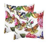 Exotic Butterfly Watercolor Flower 2PCS Throw Cushion Covers Soft Velvet Pillow Case Modern Decorative Double-Sided Designs Pillowcase, 50x50cm (Inserts Not Include)