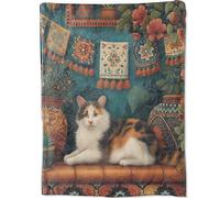 Exotic Calico Cat Blanket Gifts for Boys Girls Kids, Beautiful Potted Plant Flower Ornate Textile Throw Blankets for Sofa Office Couch Room Decor, Cozy Lightweight Warm Soft Throws, 50x60 in