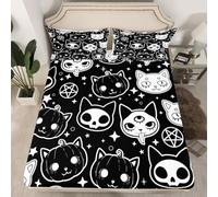 Exotic Cat Fitted Sheet Black and White Stars Galaxy Bed Sheets Double,Gothic Kitten Pumpkin Lantern Bedding Set Skeleton Halloween Decor,Pet Animals Kawaii Room Decor