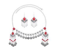 Exotic Coin Headdress - Ethnic Style Tassel Forehead Ornament with Ancient Hair Accessory Necklace and Earring Set(Red)