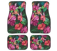 Exotic Floral Pattern Car Floor Mats Set of 4,Tropical Flowers on Black Background Amazing Palms and Flowers Vehicle Front Rear Carpets Mats Universal Car Rugs Car Accessories for Van Truck