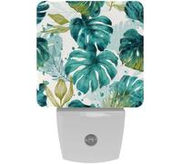 Exotic Green and Blue Tropical Palm Leaves LED Night Lights Dusk to Dawn Sensor, 0.5W Plug-in Night Lights Lamp for Hallway Stairway Kids Room Bedroom, 2 Pack