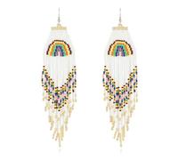 Exotic Hand-woven Fashion Retro Geometric Wear Rice Beads Long Tassel Rainbow Multicolor Rice Bead Earrings Personality Bohemian Jewelry