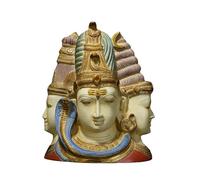 Exotic India 11" Colorful Tri-Dev Bust Brass Sculpture of Lord Brahma, Vishnu and Shiva Three-in-One Trinity Icon with Goddess Devi Reverse