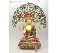 Exotic India 22" Blessing Lord Buddha Brass Statue with Inlay Work Seated Under The Bodhi Tree for Puja Room, Meditation, Home Décor, Living Room