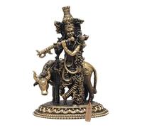 Exotic India 3" Small Superfine Lord Krishna Playing Flute with Divine Cow Panchadhatu Statue Gopala Idol for Home Mandir
