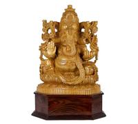 Exotic India 39" Large Chaturbhuja Blessing Lord Ganesha Wood Carved Statue Hindu God Sculpture for Mandir and Home Decor