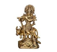 Exotic India 4" Small Brass Lord Venugopal (Krishna) Playing Flute with Cow and Peacock Handcrafted Hindu Deity Brass Statue for Home Décor