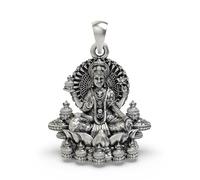 Exotic India 925 Sterling Silver Goddess Mahalakshmi Pendant Detailed Lotus Throne Kalash Casting Traditional Hindu Charm for Men and Women