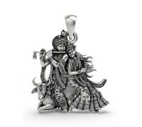 Exotic India 925 Sterling Silver Radha Krishna with Cow Pendant Sacred Vrindavan Gopala Hindu Spiritual Charm for Love, Couples