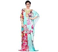 Exotic India Blue Glass Printed Bloom Flowers Long Kaftan with Stone Work on Neck for Women's Summer & Formal Events, Blue, Free-Size