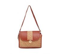 Exotic India Bohemian Woven Bamboo Shoulder Bag Handcrafted Burnt-Brick Flap Purse with Functional Dual Zips for Women's