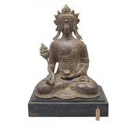 Exotic India Crowned Medicine Lod Buddha Brass Statue on Wood Base|Medicine Buddha Murti|Home Decor|Office Decor