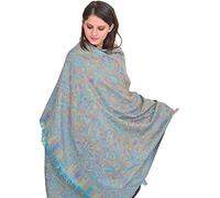 Exotic India Reversible Jamawar Shawl from Amritsar with Woven Flowers - Color Baltic BlueColor One Size fits Most