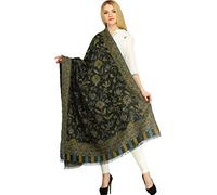 Exotic India Reversible Jamawar Shawl from Amritsar with Woven Flowers - Color Black And MossColor One Size fits Most