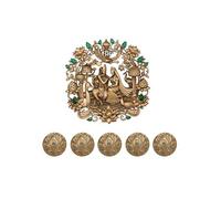 Exotic India Stone Studded Lord Radha Krishna Brass Brooch with Five Set of Peacock Feather Design Buttons Kundan Style Groom Wedding Accessory