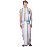 Exotic India Traditional Bengal Ice-Melt Cotton Plain Angavastram with Striped Border Ethnic Wrap for Men's Lightweight for Spiritual Occasions