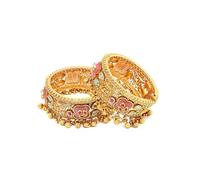 Exotic India Traditional Openable Kada Bangle Set (2 Pcs) with Enamelled Floral Work and Ghungroo Danglers Ethnic Gold Finish Jewelry for Women's