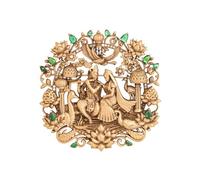 Exotic India Traditional Stone Studded Fluting Lord Radha Krishna Brass Brooch Murli Divine Love Collar Label Pin Gift for Men and Women's