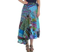 Exotic India Wrap-Around Long Skirt with Printed Patch-Work - Color Batton BlueGarment Size One Size fits Most