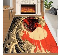 Exotic Japanese Rugs Living Room, Sea Fish Wave Rugs for Bedroom, Ocean Animal Stain Resistant Rugs, Vintage Sun Non Slip Washable Area Rugs for Dining Room - 140x200 cm