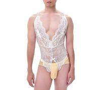 Exotic Lace Mesh Bodysuit Corset For Men Seductive Strap Hip Lift Romper Apparel (White, One Size)