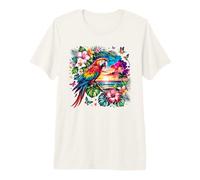 Exotic Macaw Parrot Tropical Floral Ocean View Premium T-Shirt
