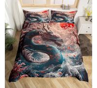 Exotic Oriental Dragon Duvet Cover Double Japanese Style Comforter Cover Cherry Blossom Animal Bedding Set For Kids Adults Men Women Ocean Sunset Bed Set Ukiyo Theme Room Decor
