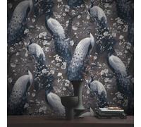 Erismann Wallpaper Abode Play of Light Peacock - Black Bird Feather Floral 10414-15