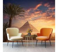 Exotic Scenery Photo Wallpaper Nursery, 400 X 280 Cm Non-Woven Premium Warm Orange Pyramids Palm Trees Print Fleece Wall Mural Decoration Poster Picture Design Modern for Living Room Bedroom