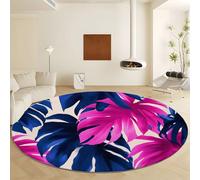 Exotic Style Round Rug 150 cm for Living Room, Washable Circle Entrance Rug Non Slip Round Doormat Indoor Plant Pink-Blue Palm Leaf Printed Carpet Bedroom Study Home Office Decor