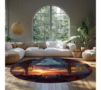 Exotic Style Round Rugs Low Pile Washable Seaside Sunset & Vintage Lanterns & Tables Pattern Carpet for Living Room Restaurant 140cm