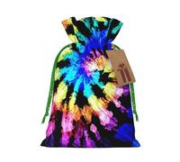 (Exotic Tribe Tie Dye Style) Printed Christmas S Size Gift Bags with Green Ribbon Drawstring Candy Bags for Kids Xmas Holiday Christmas Eve Presents