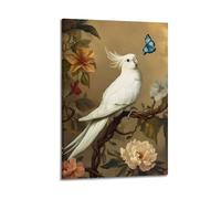 Exotic White Cockatoo Wall Art Hanging Paintings Poster Vintage Elegant Bird Canvas Print Artwork Classic Avian Picture Stylish Wall Decor for Modern Home Living Room Bedroom Spaces 16x24inch(40x60cm)