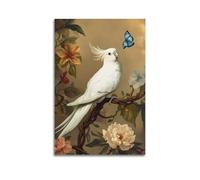 Exotic White Cockatoo Wall Art Hanging Paintings Poster Vintage Elegant Bird Canvas Print Artwork Classic Avian Picture Stylish Wall Decor for Modern Home Living Room Bedroom Spaces 16x24inch(40x60cm)