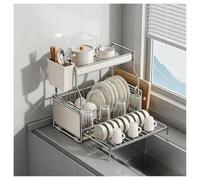 Expandable 2-Tier Dish Drying Rack for Kitchen Countertop Large Capacity Drainer with Detachable Drainboard Carbon Steel sil Holder Space-Saving Design